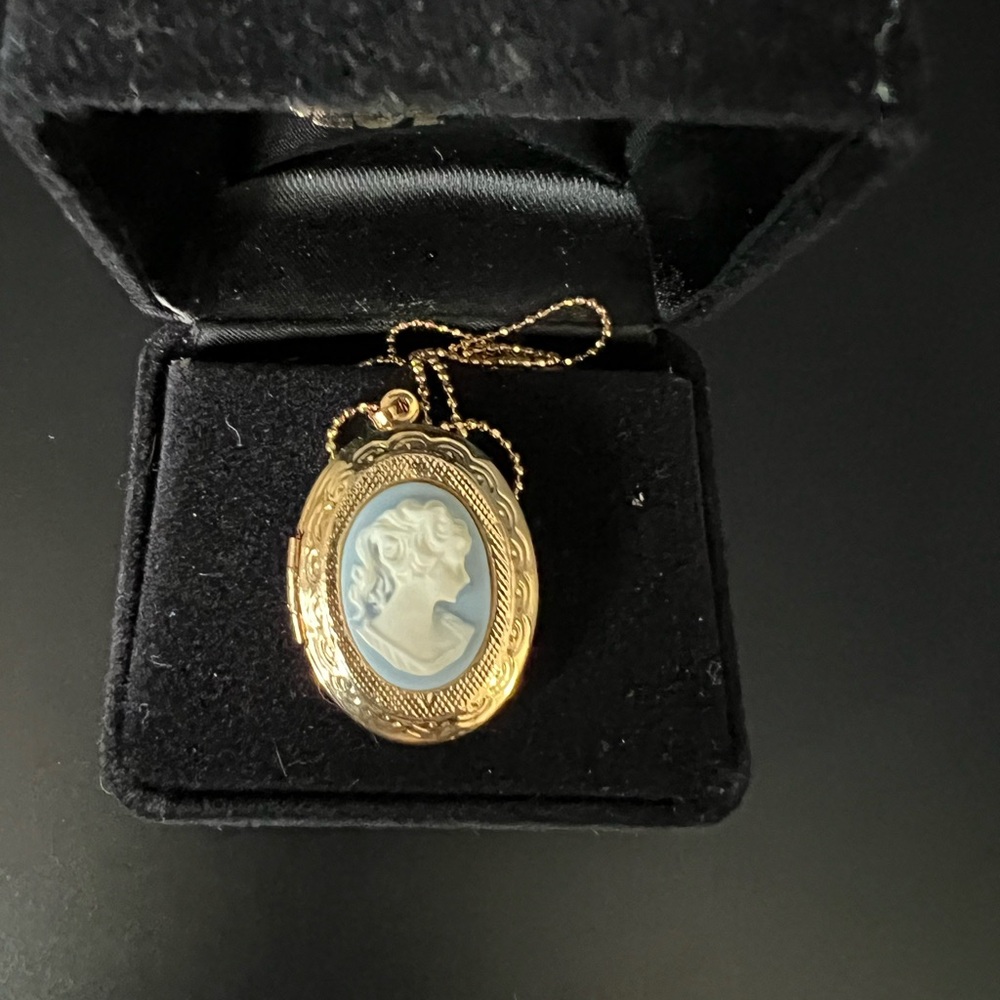Elegant Gold and Blue Cameo Locket Necklace
